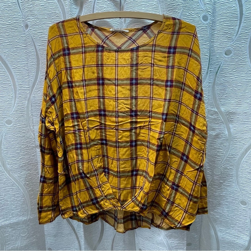 Bluheaven Plaid Twist Front Blouse Womens Large Mustard Yellow Excellent‎ A4549